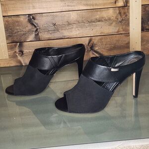 Calvin Klein Black Open Toe Mule Heels Womens Size 9.5 Suede Stiletto
